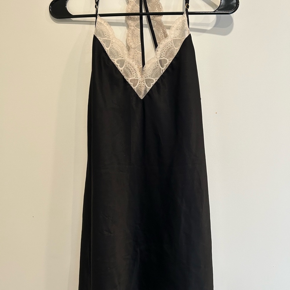 Floral Nikrooz Black Satin Slip Dress with Lace Trim